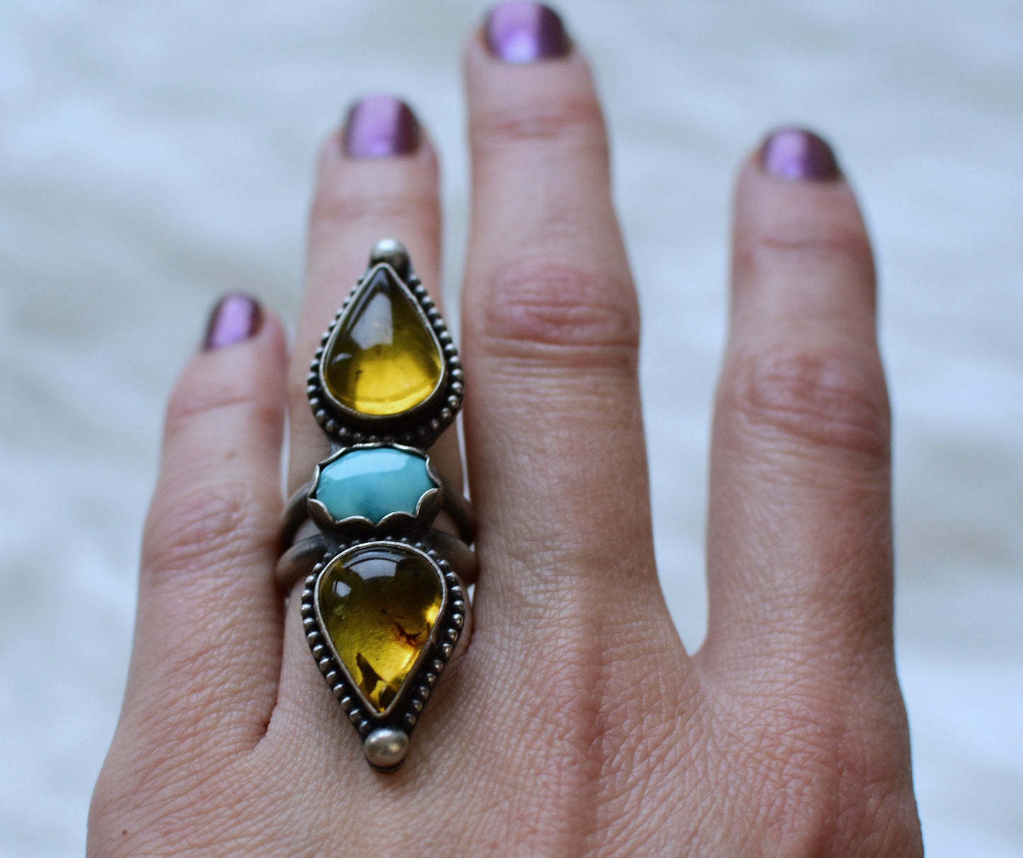 Amber and turquoise statement ring, Size 5.25