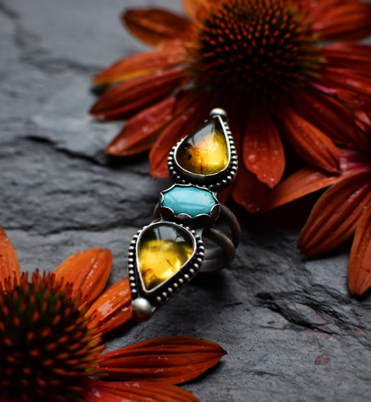 Amber and turquoise statement ring, Size 5.25