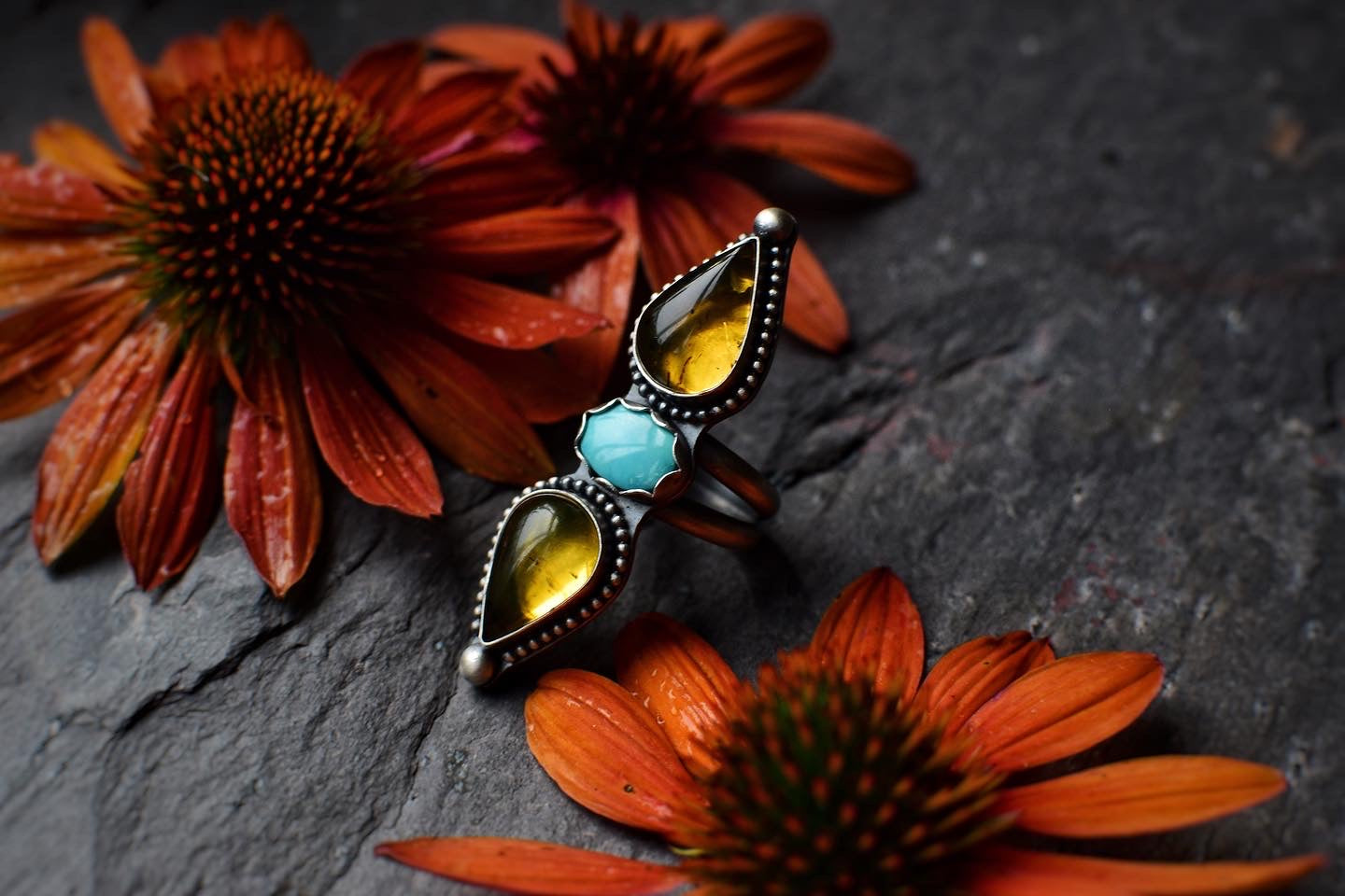 Amber and turquoise statement ring, Size 5.25